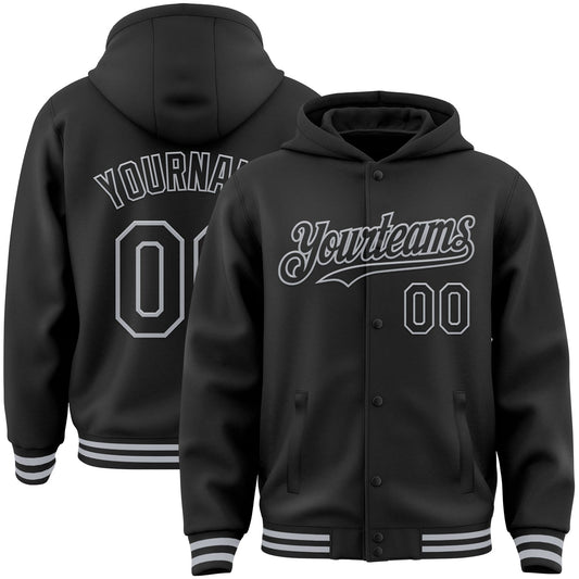 Custom Black Gray Bomber Full-Snap Varsity Letterman Hoodie Jacket - Main View