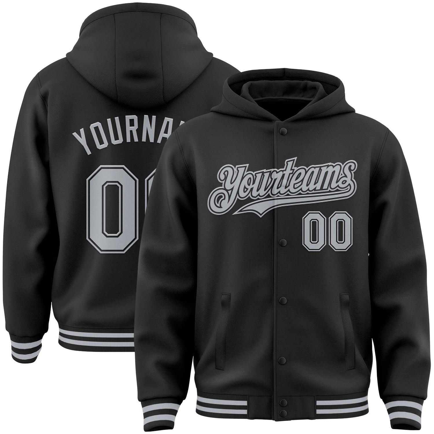 Custom Black Gray Bomber Full-Snap Varsity Letterman Hoodie Jacket - Main View