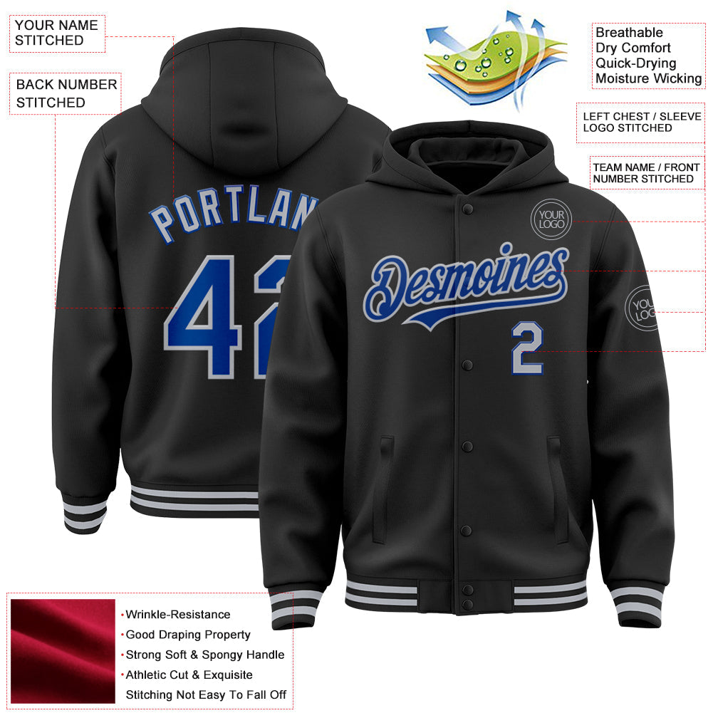 Custom Black Royal-Gray Bomber Full-Snap Varsity Letterman Hoodie Jacket view 3