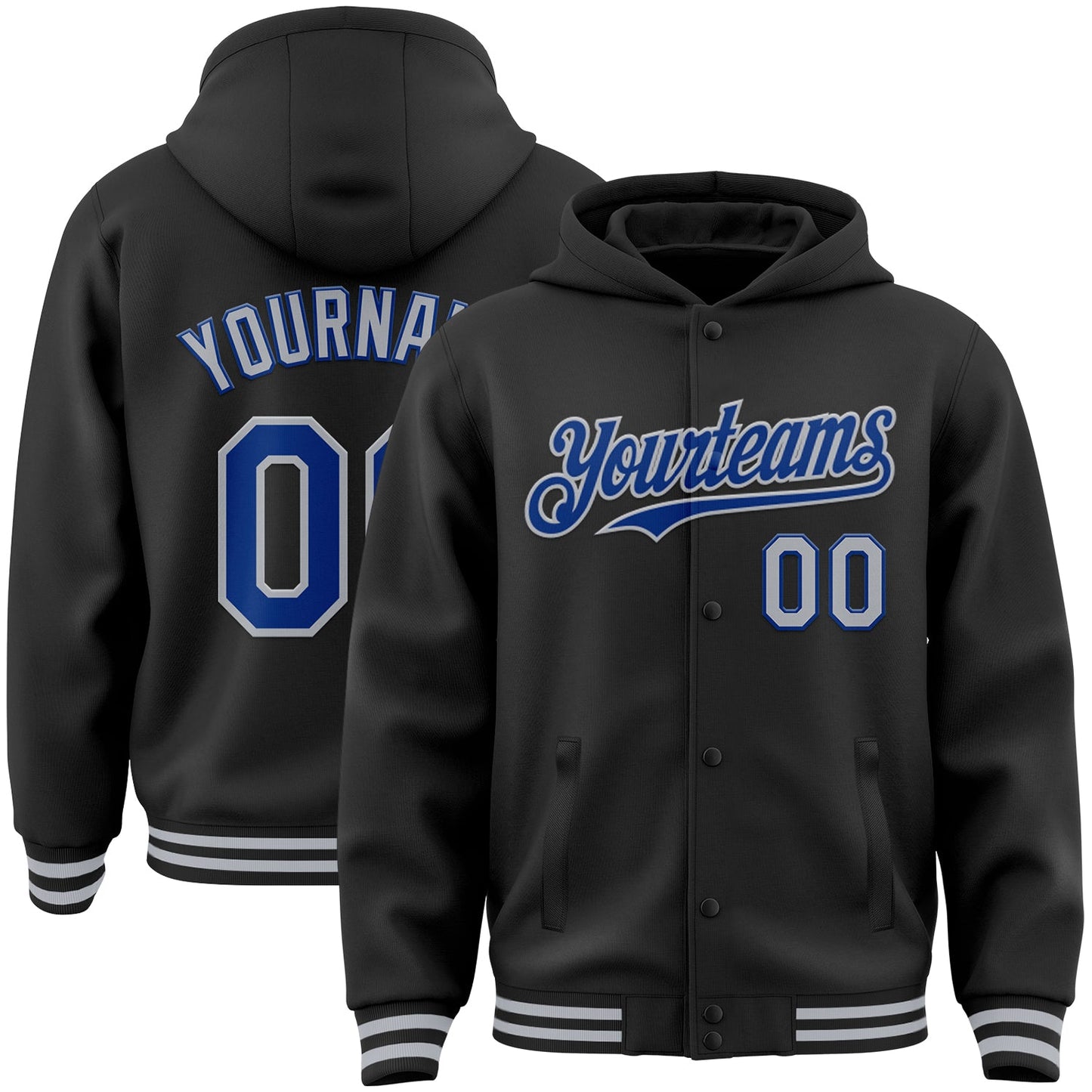 Custom Black Royal-Gray Bomber Full-Snap Varsity Letterman Hoodie Jacket - Main View