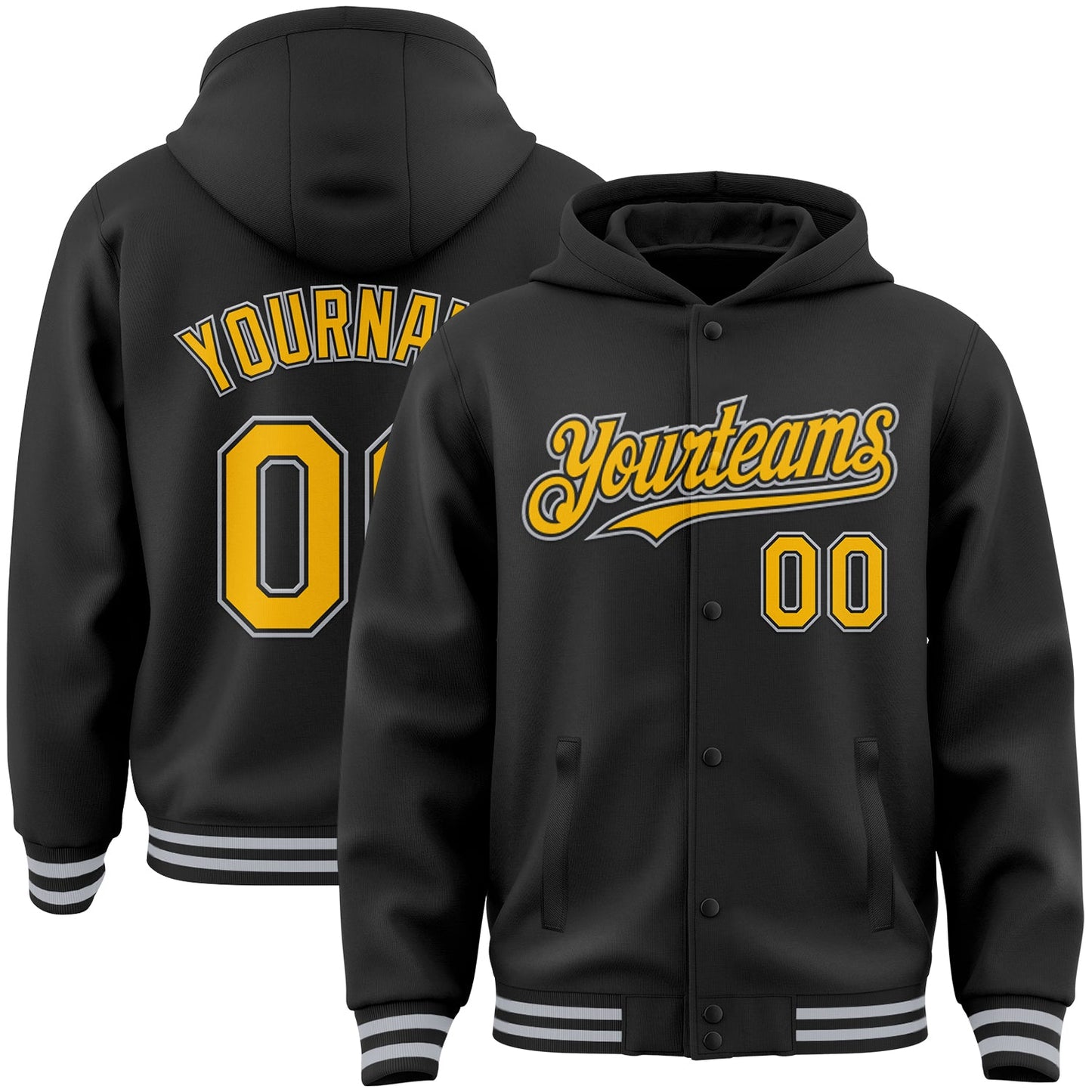 Custom Black Gold-Gray Bomber Full-Snap Varsity Letterman Hoodie Jacket - Main View