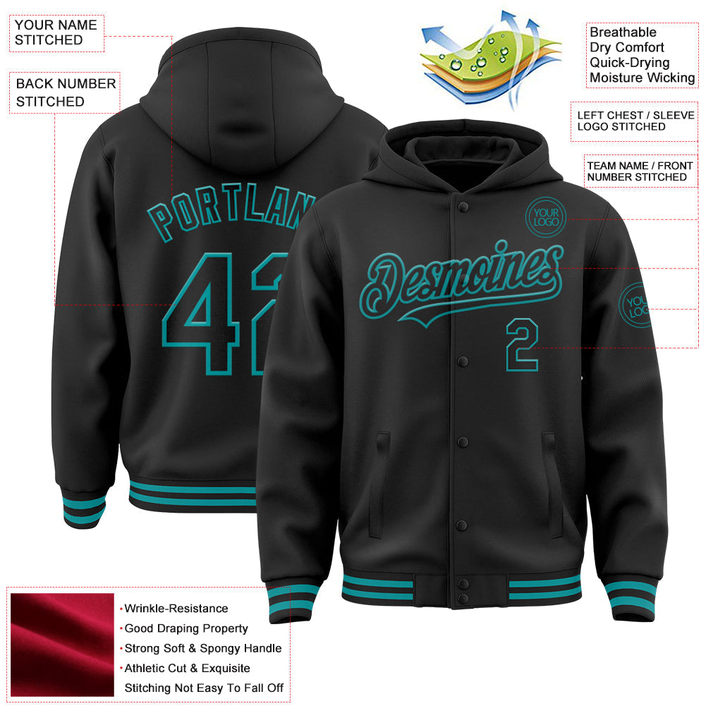 Custom Black Teal Bomber Full-Snap Varsity Letterman Hoodie Jacket view 3