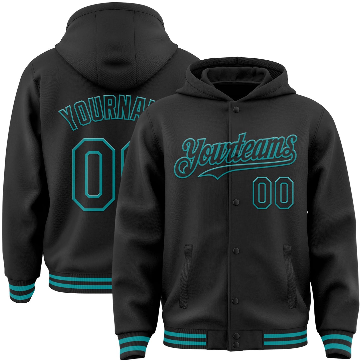Custom Black Teal Bomber Full-Snap Varsity Letterman Hoodie Jacket - Main View