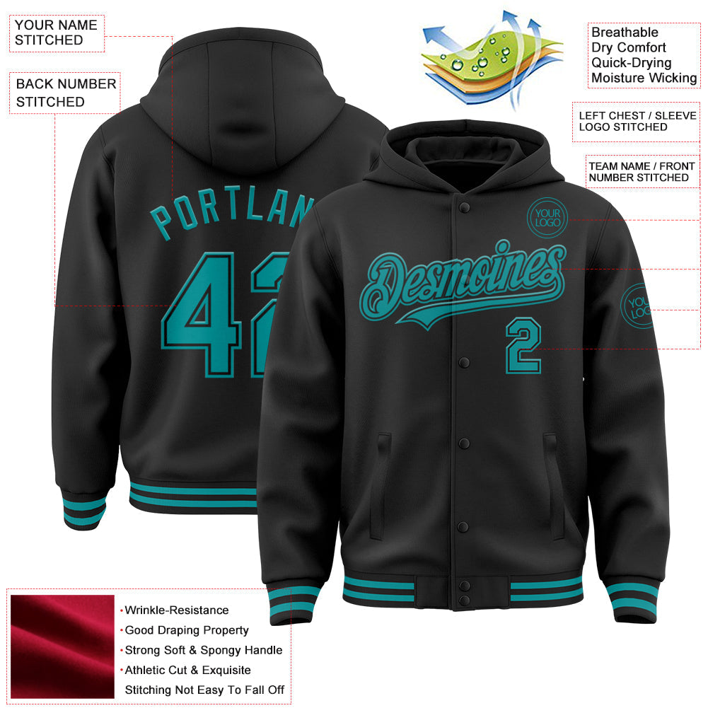 Custom Black Teal Bomber Full-Snap Varsity Letterman Hoodie Jacket view 3