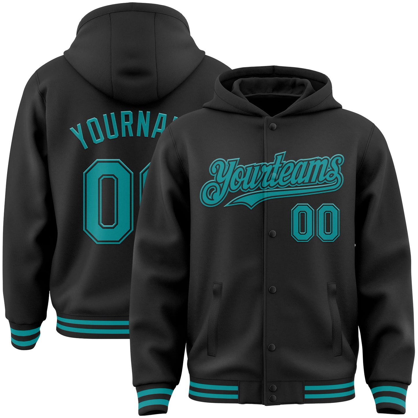 Custom Black Teal Bomber Full-Snap Varsity Letterman Hoodie Jacket - Main View