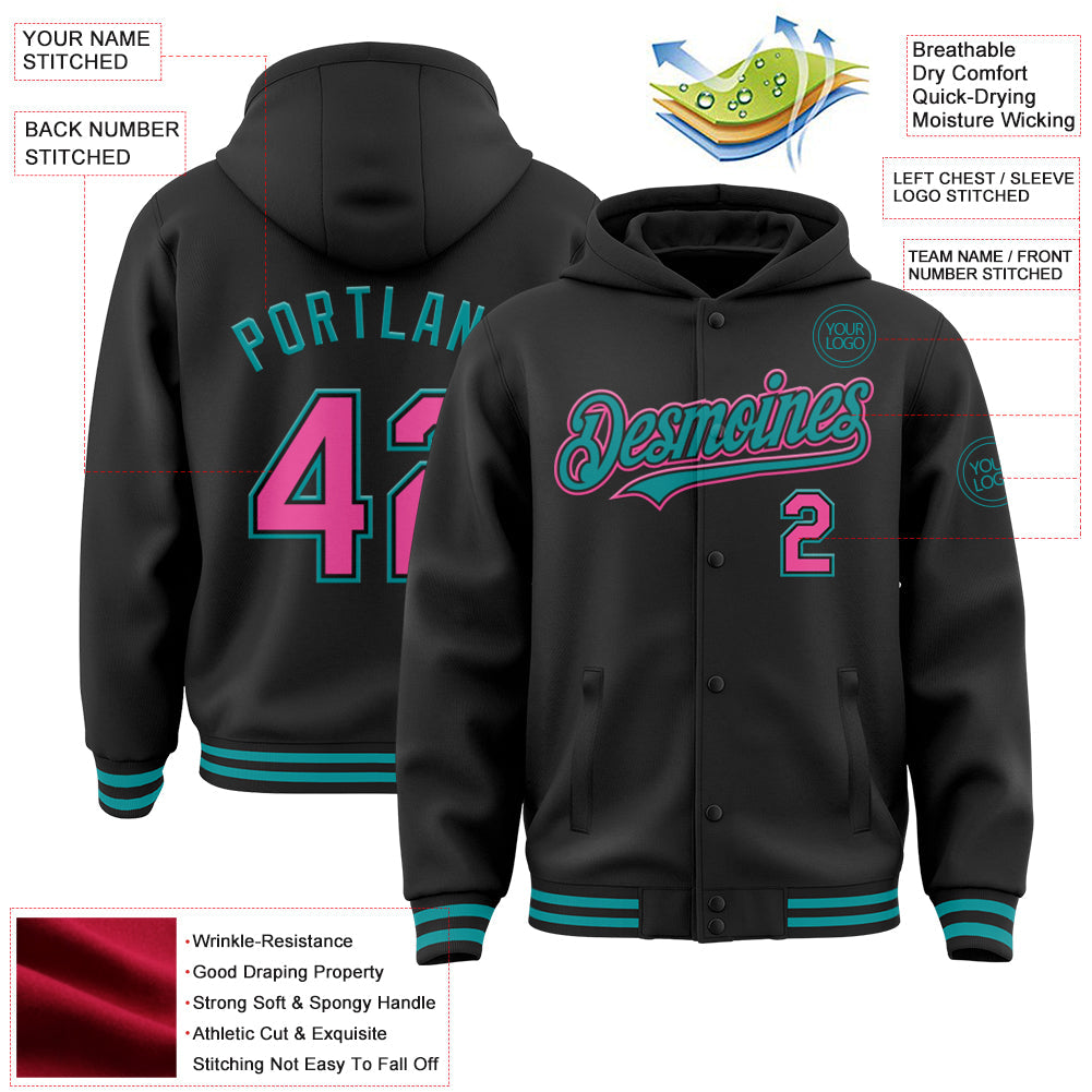 Custom Black Pink-Teal Bomber Full-Snap Varsity Letterman Hoodie Jacket view 3