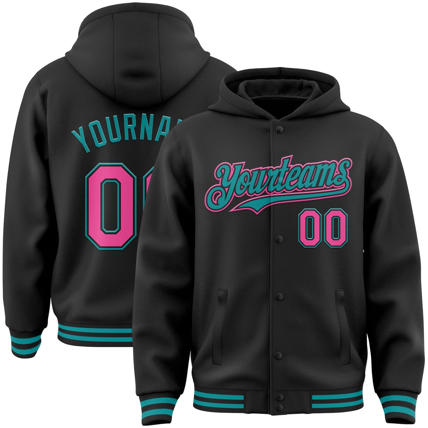 Custom Black Pink-Teal Bomber Full-Snap Varsity Letterman Hoodie Jacket - Main View