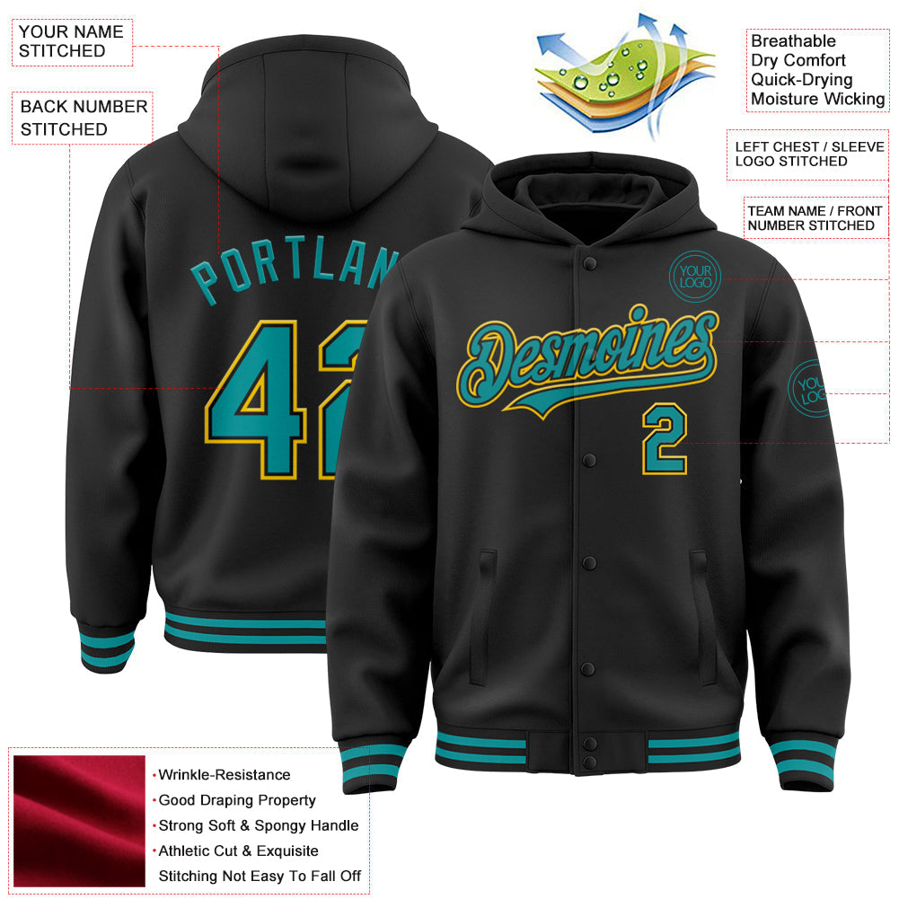 Custom Black Teal-Yellow Bomber Full-Snap Varsity Letterman Hoodie Jacket view 3