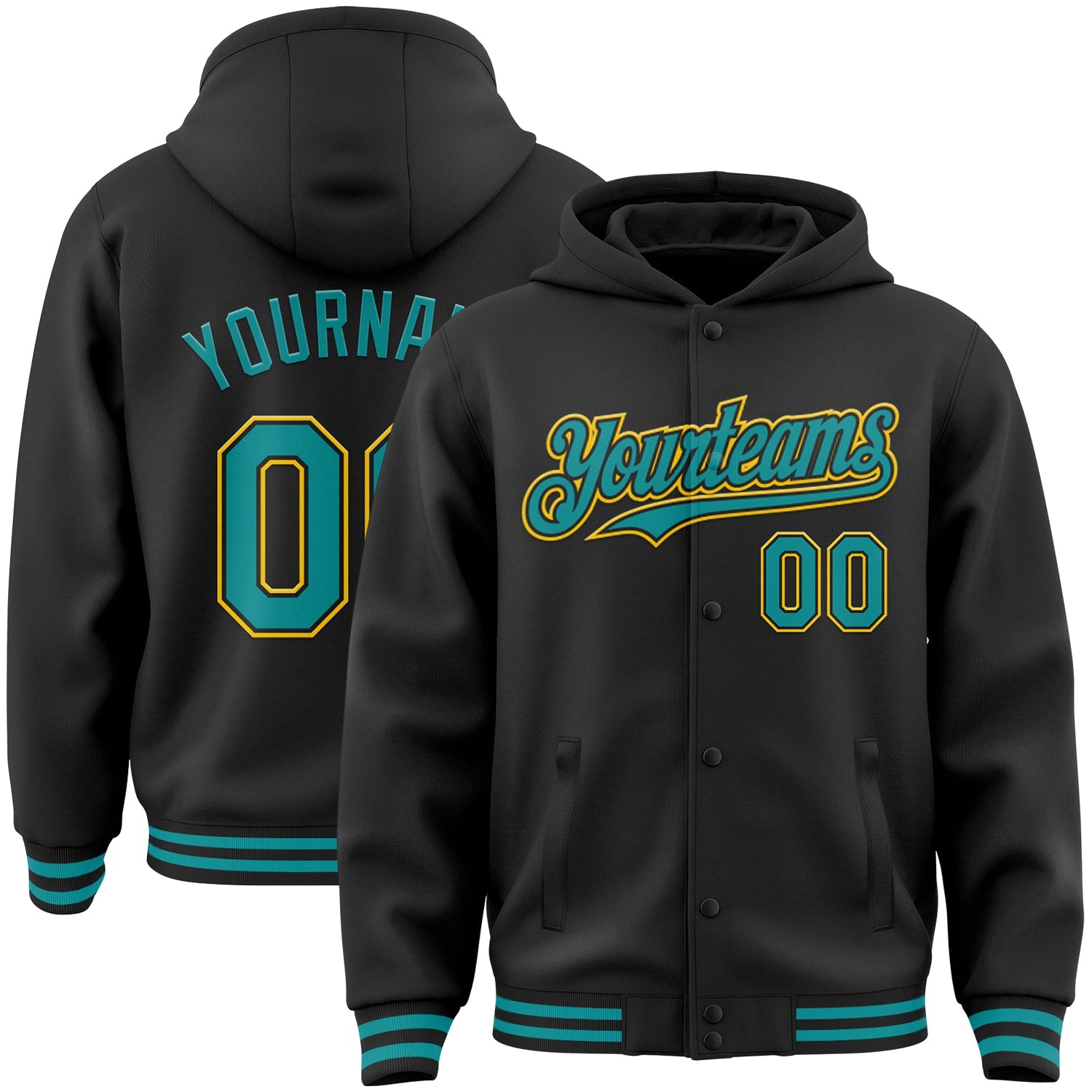 Custom Black Teal-Yellow Bomber Full-Snap Varsity Letterman Hoodie Jacket - Main View
