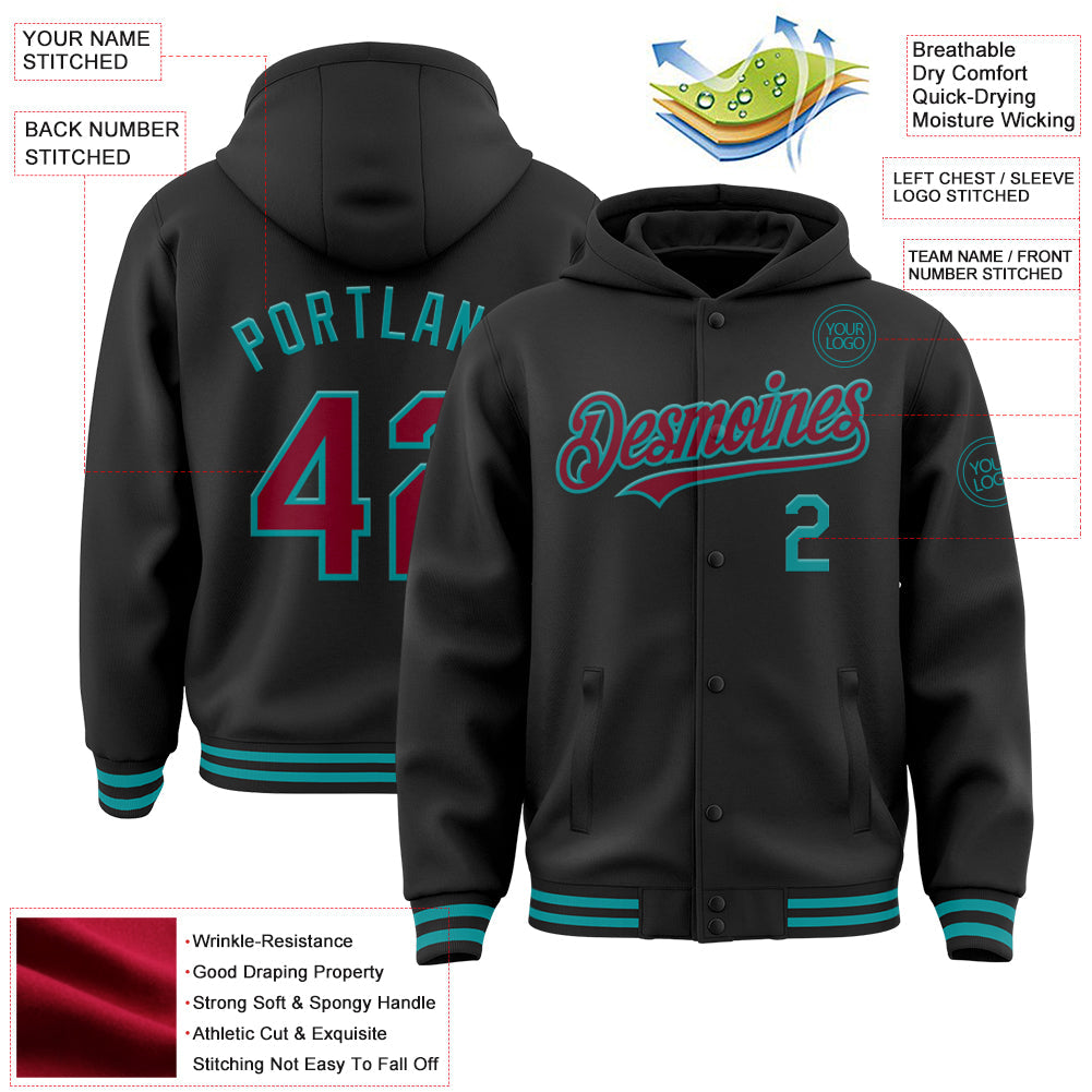 Custom Black Crimson-Teal Bomber Full-Snap Varsity Letterman Hoodie Jacket view 3