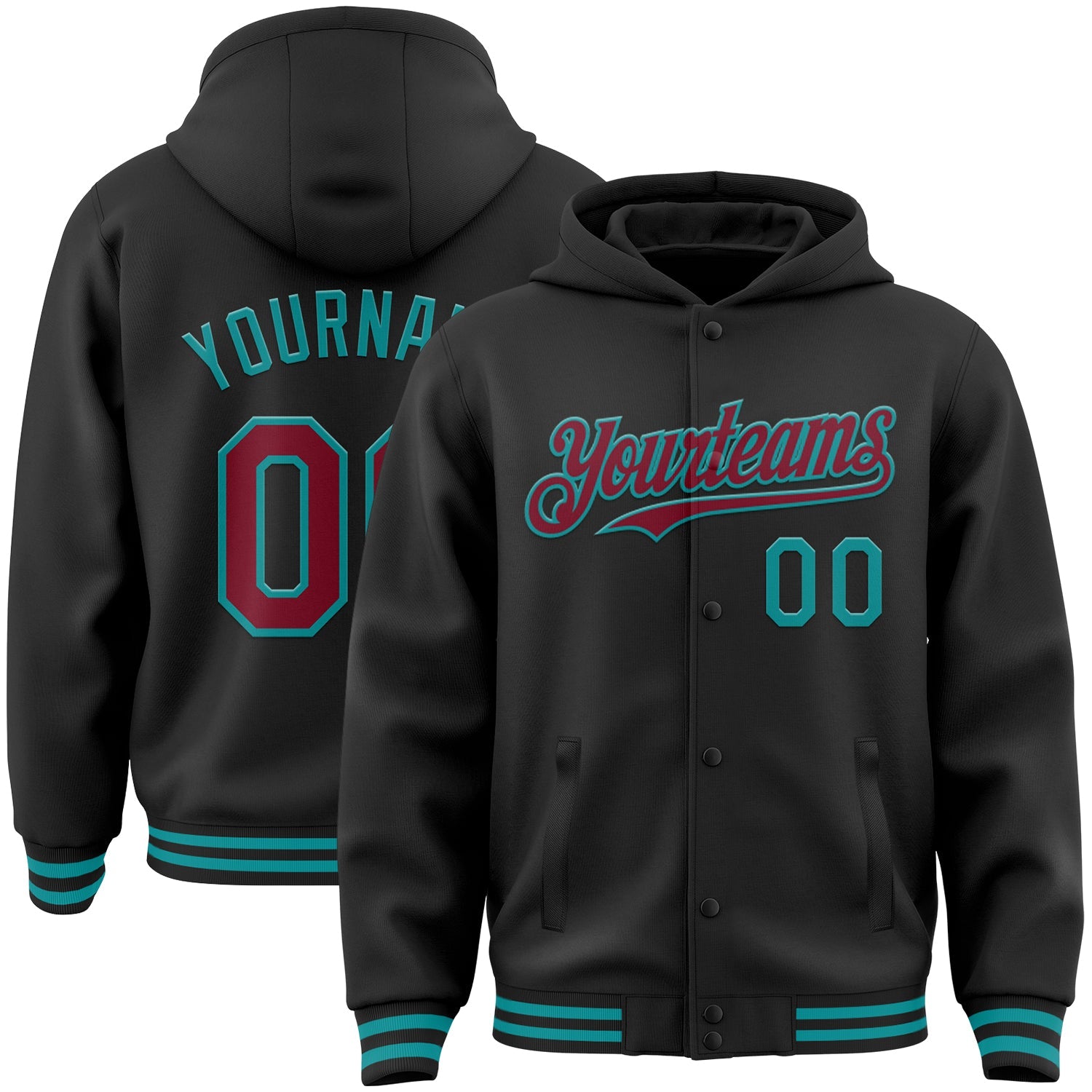Custom Black Crimson-Teal Bomber Full-Snap Varsity Letterman Hoodie Jacket - Main View