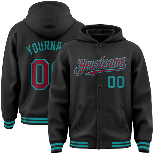 Custom Black Crimson-Teal Bomber Full-Snap Varsity Letterman Hoodie Jacket - Main View