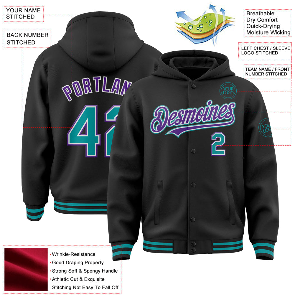 Custom Black Teal-Purple Bomber Full-Snap Varsity Letterman Hoodie Jacket view 3