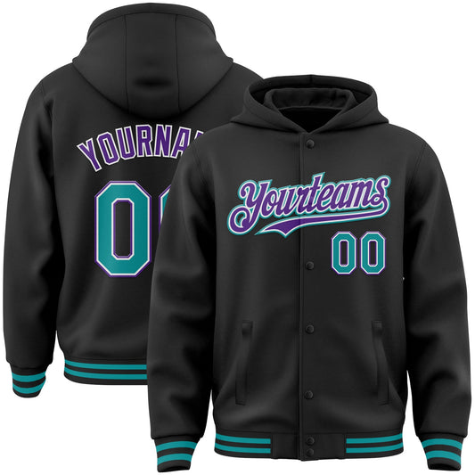 Custom Black Teal-Purple Bomber Full-Snap Varsity Letterman Hoodie Jacket - Main View