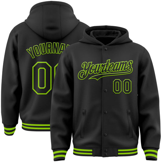 Custom Black Neon Green Bomber Full-Snap Varsity Letterman Hoodie Jacket - Main View