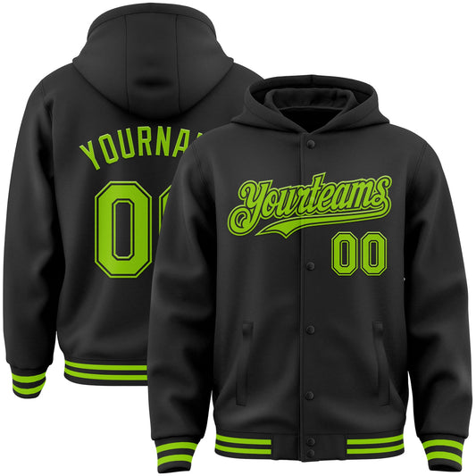 Custom Black Neon Green Bomber Full-Snap Varsity Letterman Hoodie Jacket - Main View