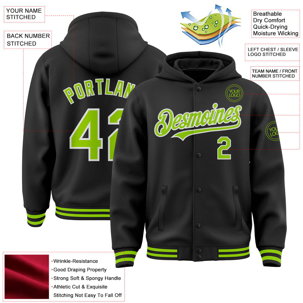 Custom Black Neon Green-White Bomber Full-Snap Varsity Letterman Hoodie Jacket view 3