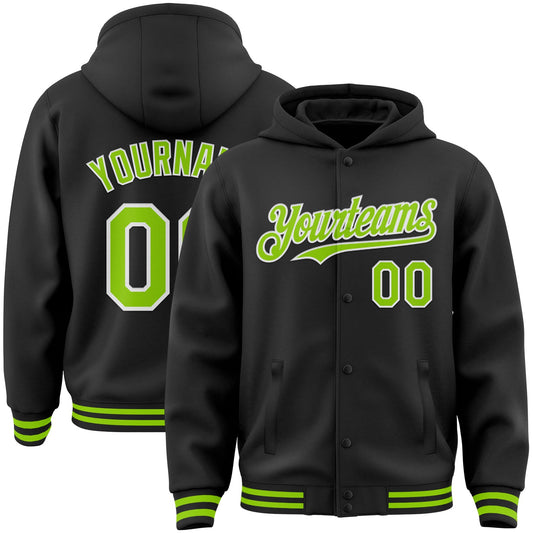 Custom Black Neon Green-White Bomber Full-Snap Varsity Letterman Hoodie Jacket - Main View