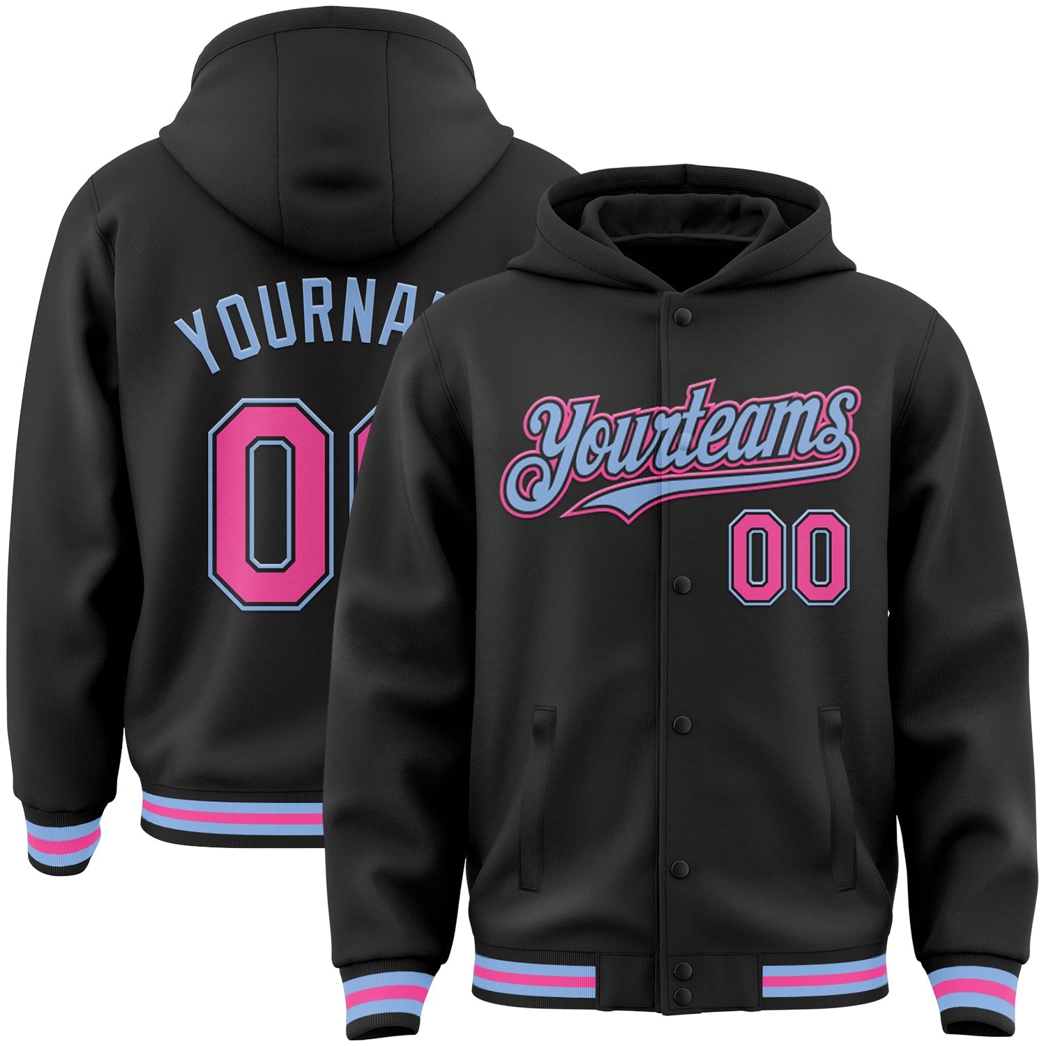 Custom Black Pink-Light Blue Bomber Full-Snap Varsity Letterman Hoodie Jacket - Main View
