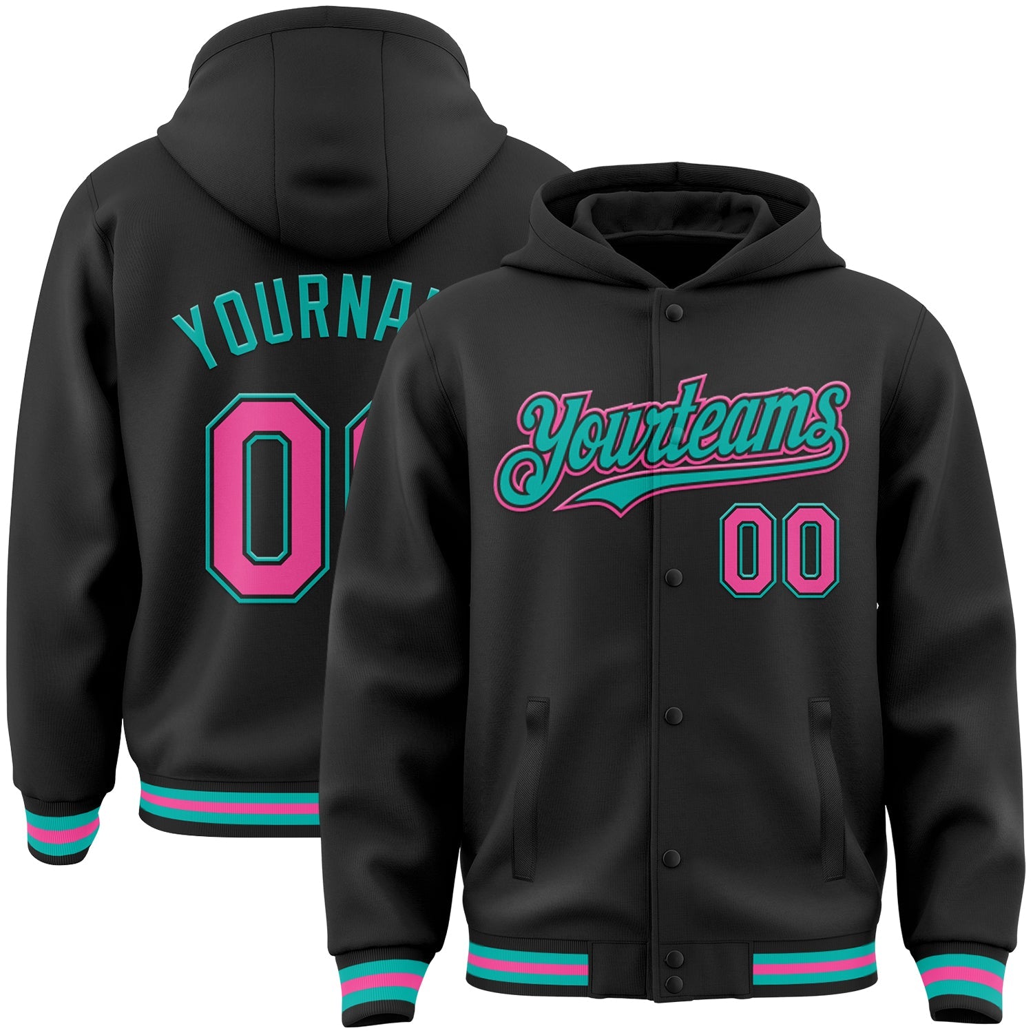 Custom Black Pink-Aqua Bomber Full-Snap Varsity Letterman Hoodie Jacket - Main View