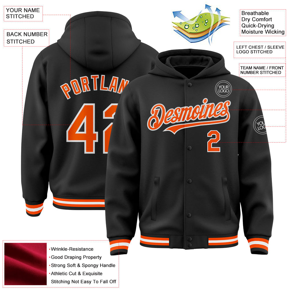 Custom Black Orange-White Bomber Full-Snap Varsity Letterman Hoodie Jacket view 3