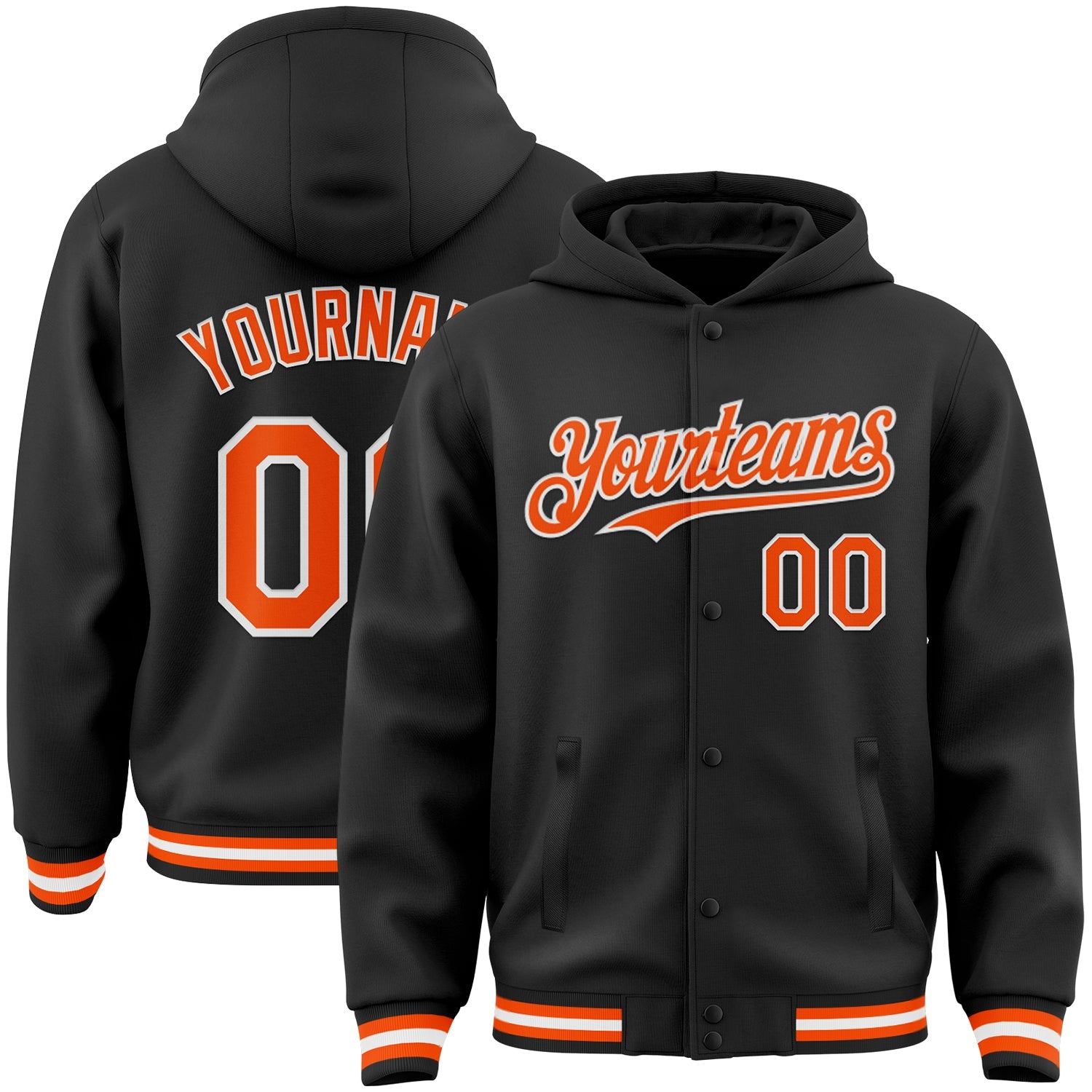 Custom Black Orange-White Bomber Full-Snap Varsity Letterman Hoodie Jacket - Main View