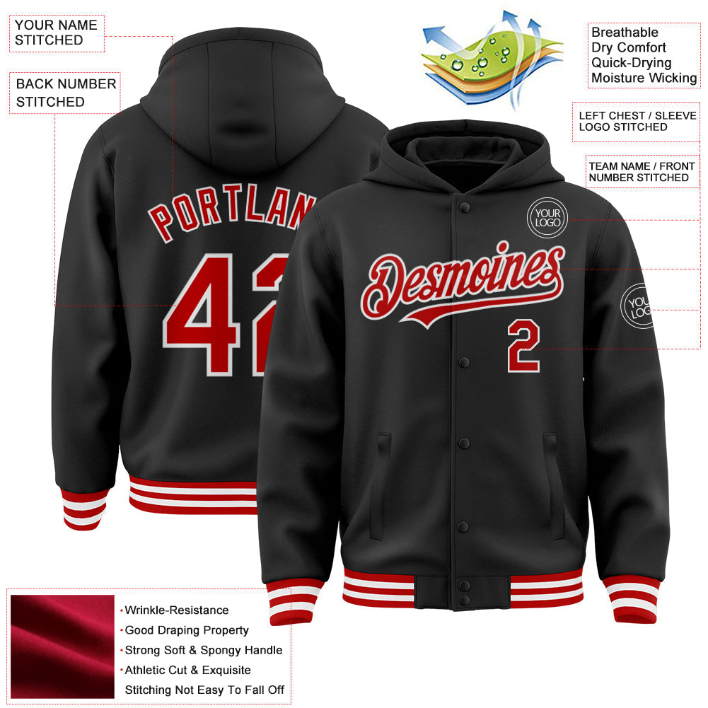Custom Black Red-White Bomber Full-Snap Varsity Letterman Hoodie Jacket view 3