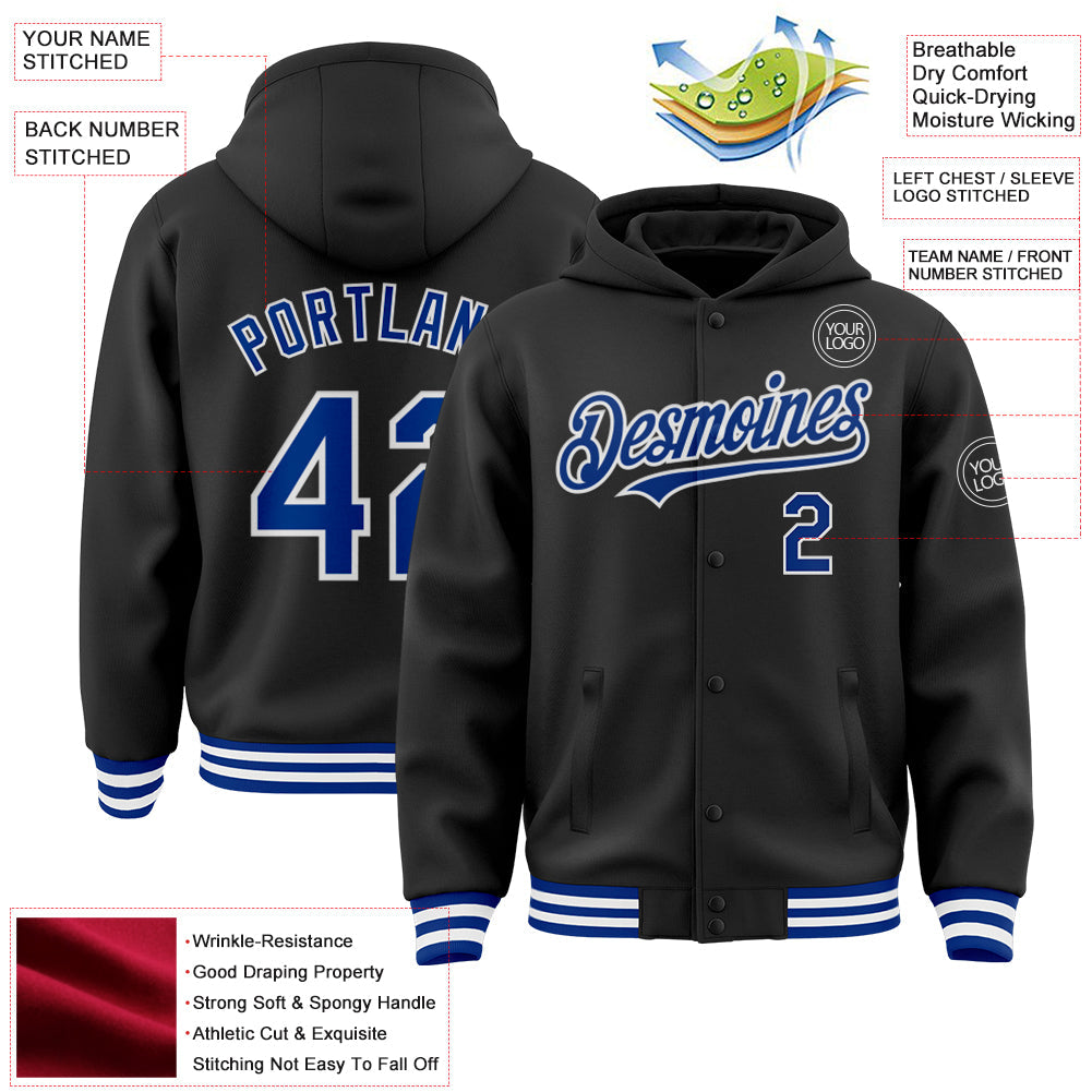 Custom Black Royal-White Bomber Full-Snap Varsity Letterman Hoodie Jacket view 3