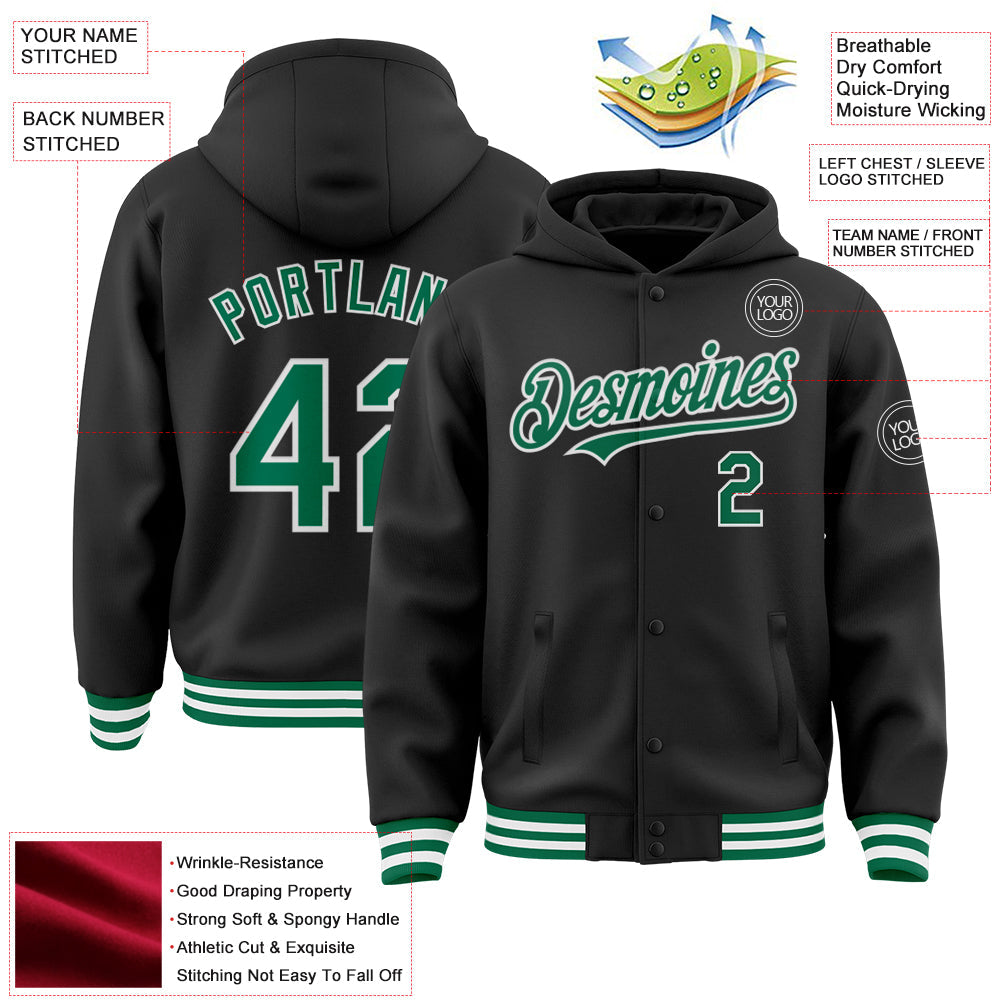 Custom Black Kelly Green-White Bomber Full-Snap Varsity Letterman Hoodie Jacket view 3