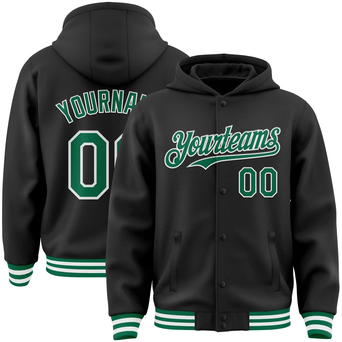 Custom Black Kelly Green-White Bomber Full-Snap Varsity Letterman Hoodie Jacket - Main View