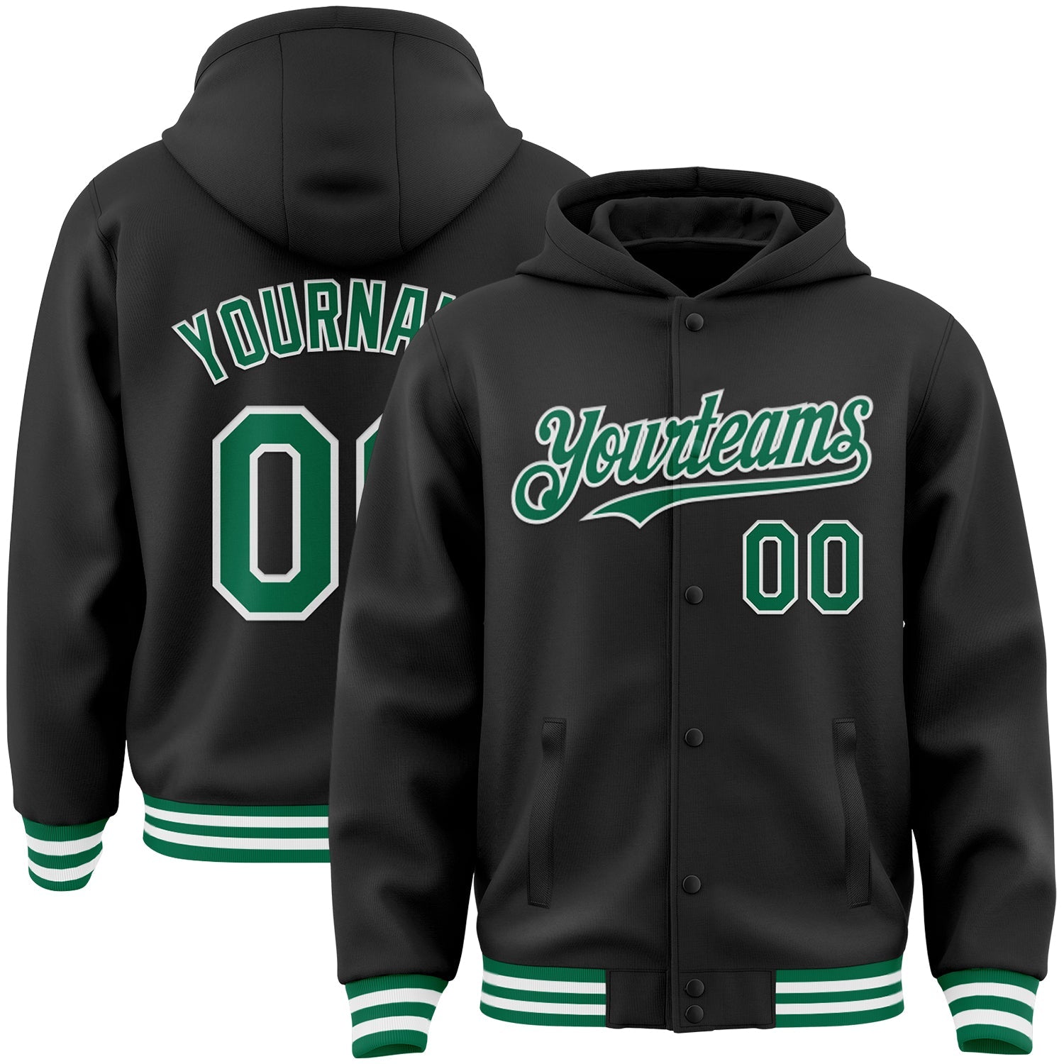 Custom Black Kelly Green-White Bomber Full-Snap Varsity Letterman Hoodie Jacket - Main View