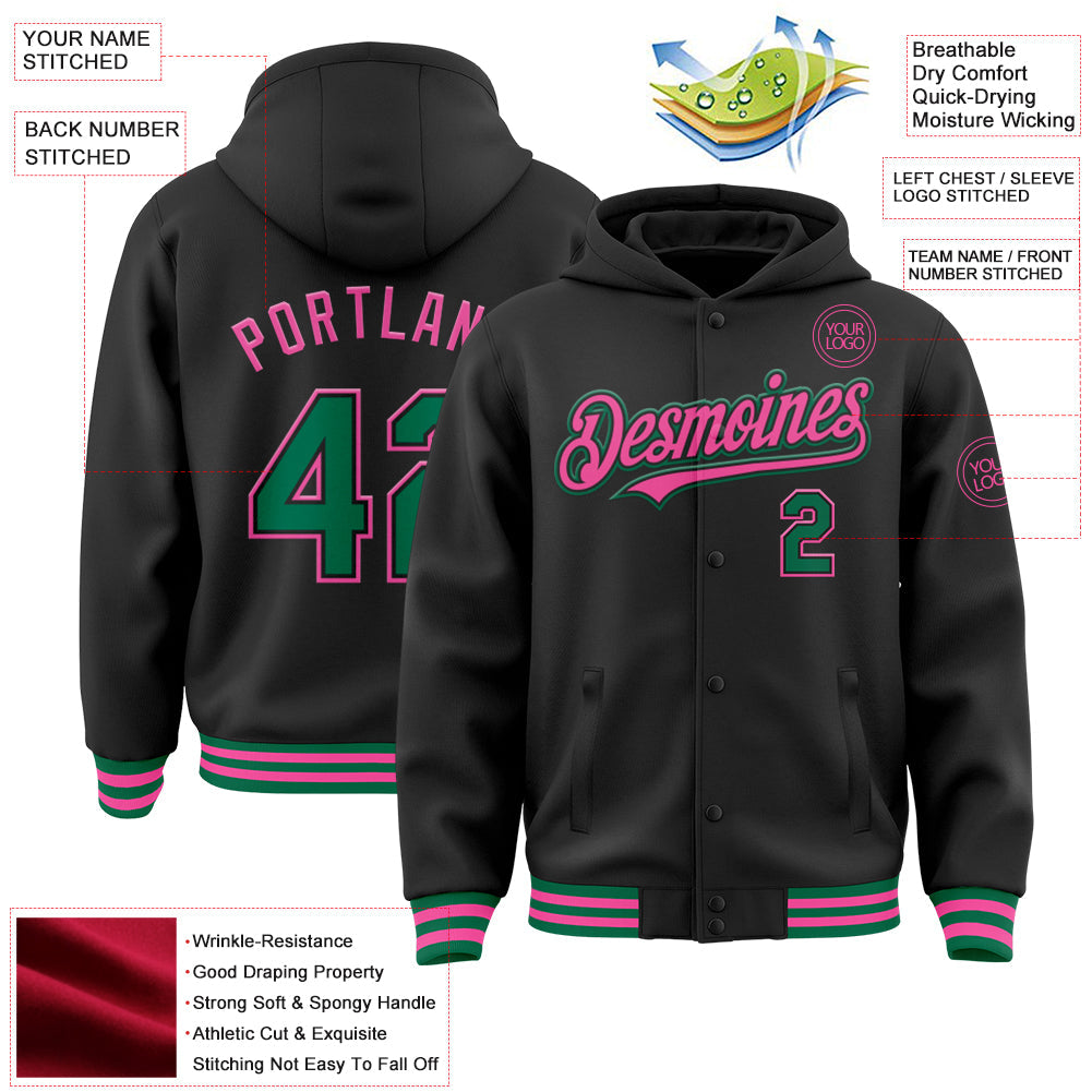 Custom Black Kelly Green-Pink Bomber Full-Snap Varsity Letterman Hoodie Jacket view 3