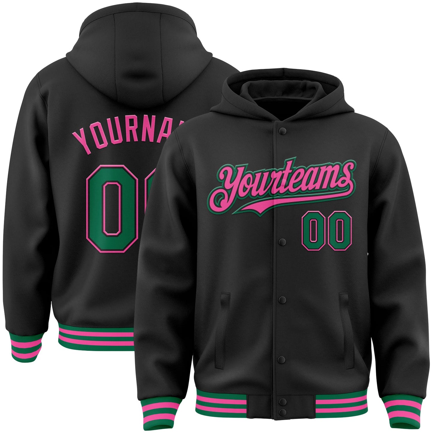 Custom Black Kelly Green-Pink Bomber Full-Snap Varsity Letterman Hoodie Jacket - Main View