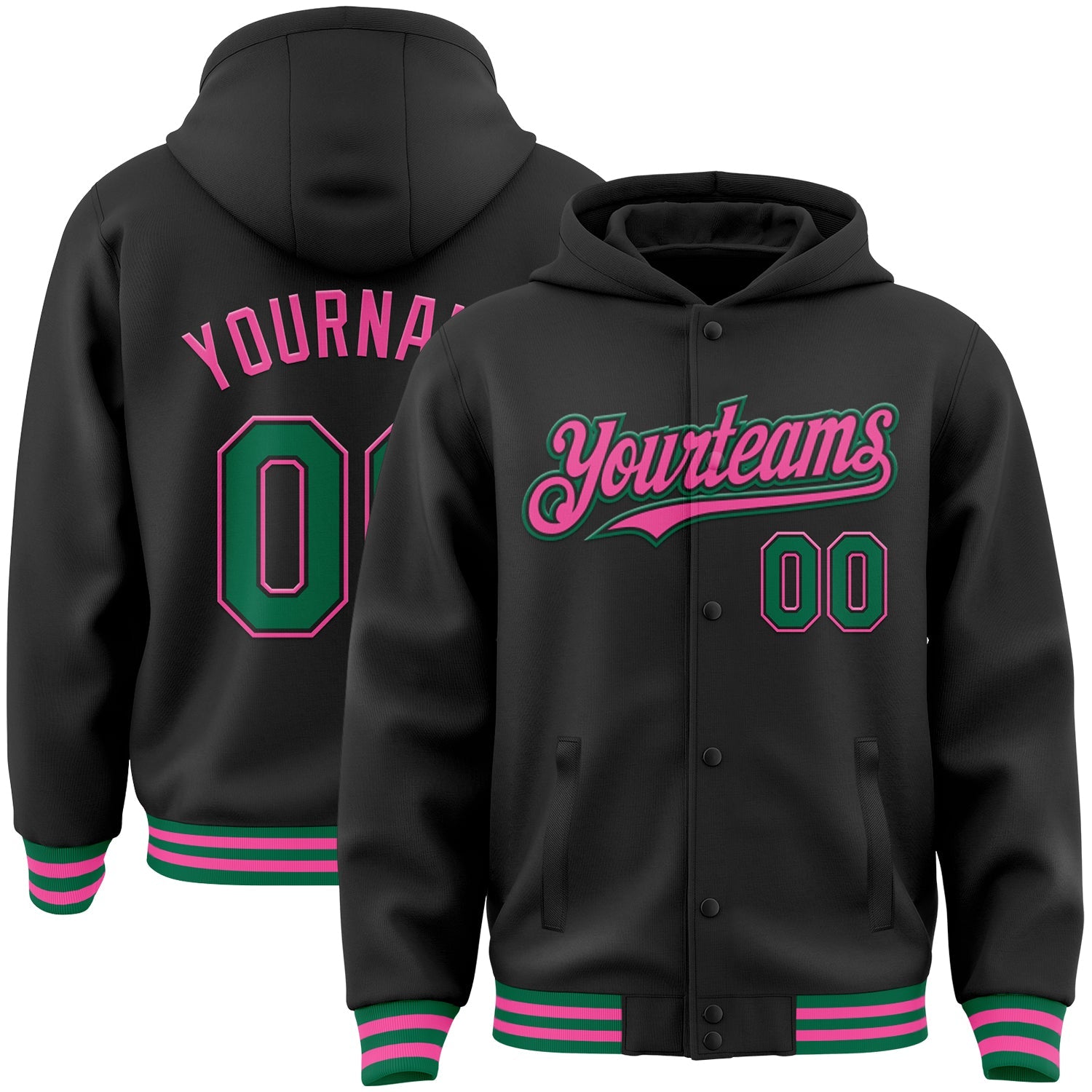 Custom Black Kelly Green-Pink Bomber Full-Snap Varsity Letterman Hoodie Jacket - Main View