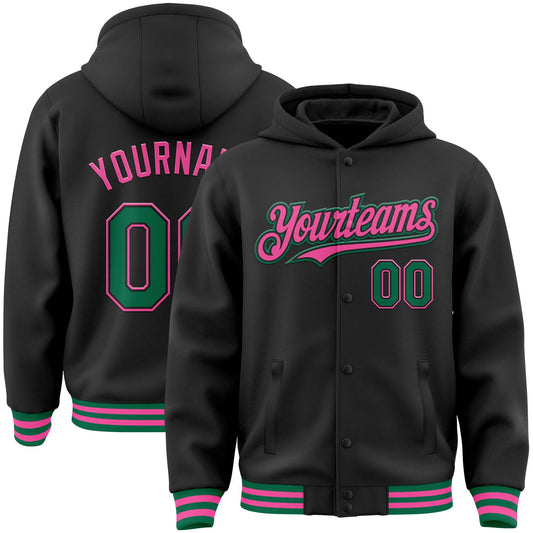 Custom Black Kelly Green-Pink Bomber Full-Snap Varsity Letterman Hoodie Jacket - Main View