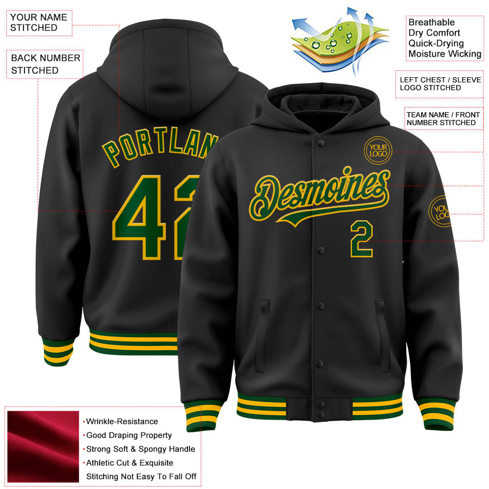 Custom Black Green-Gold Bomber Full-Snap Varsity Letterman Hoodie Jacket view 3