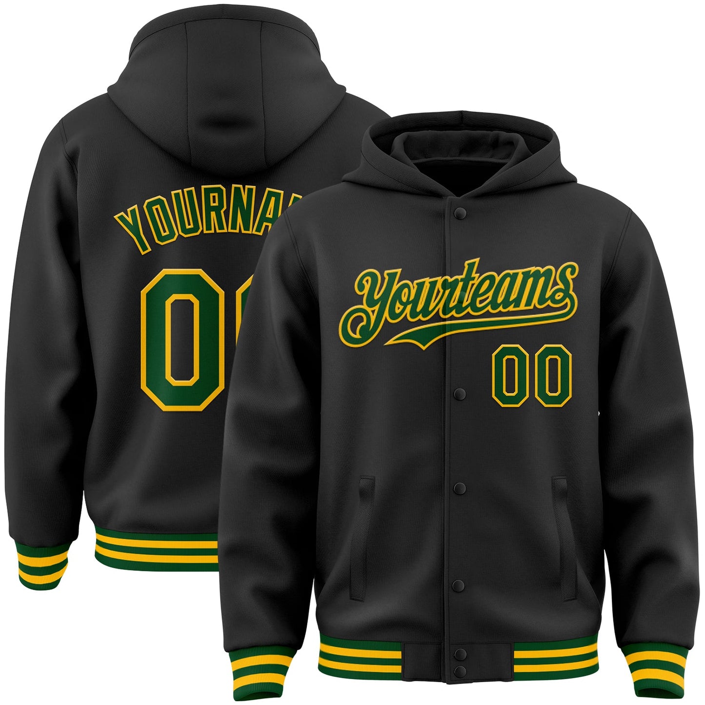 Custom Black Green-Gold Bomber Full-Snap Varsity Letterman Hoodie Jacket - Main View