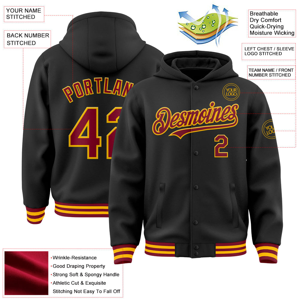 Custom Black Crimson-Gold Bomber Full-Snap Varsity Letterman Hoodie Jacket view 3