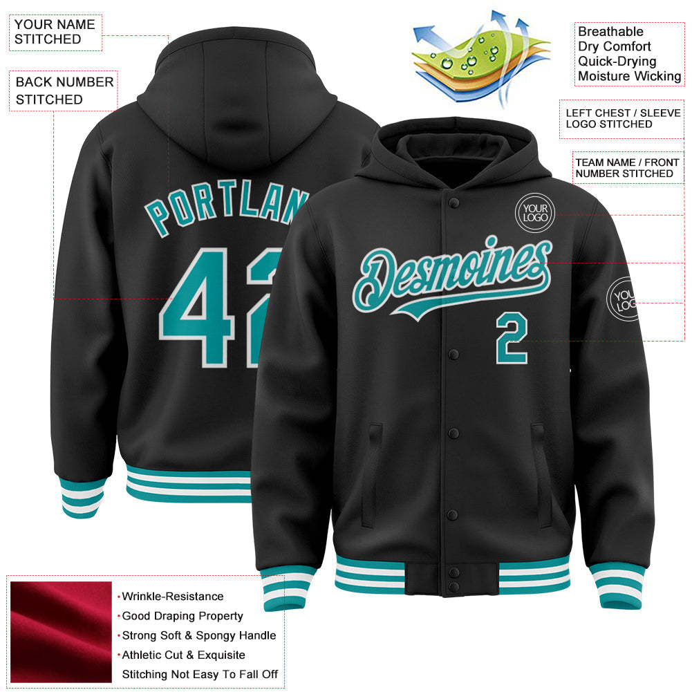 Custom Black Teal-White Bomber Full-Snap Varsity Letterman Hoodie Jacket view 3