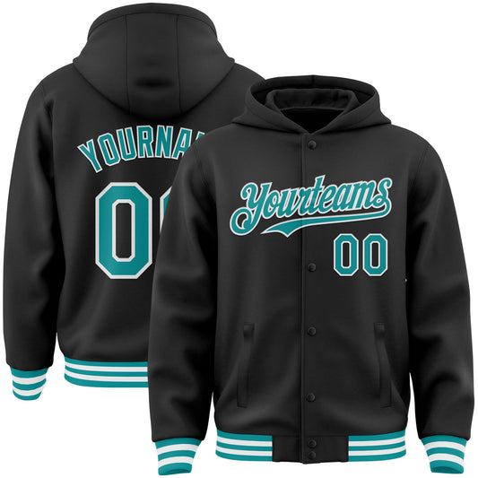 Custom Black Teal-White Bomber Full-Snap Varsity Letterman Hoodie Jacket - Main View