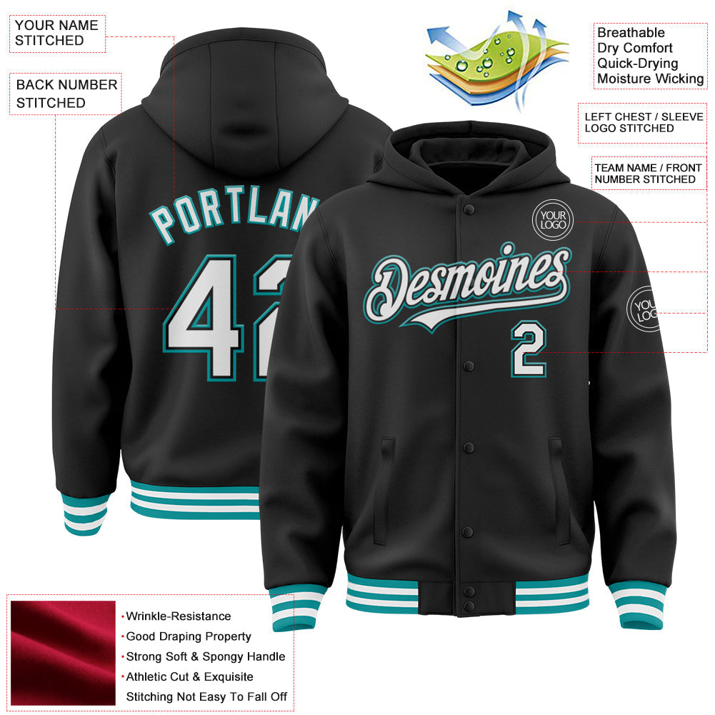 Custom Black White-Teal Bomber Full-Snap Varsity Letterman Hoodie Jacket view 3