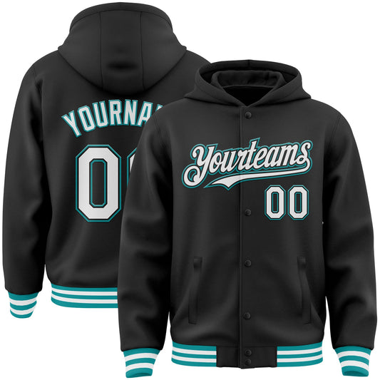 Custom Black White-Teal Bomber Full-Snap Varsity Letterman Hoodie Jacket - Main View