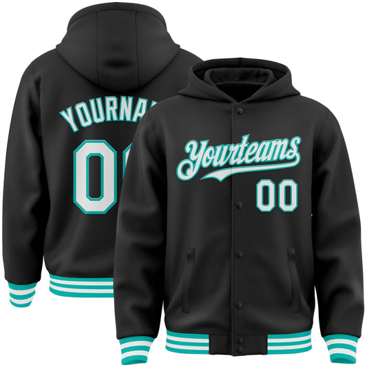Custom Black White-Aqua Bomber Full-Snap Varsity Letterman Hoodie Jacket - Main View