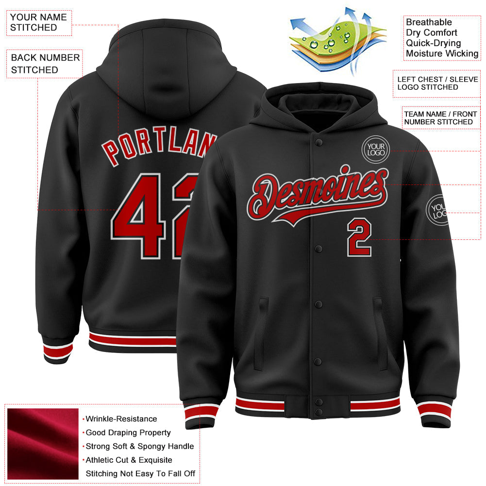 Custom Black Red-White Bomber Full-Snap Varsity Letterman Hoodie Jacket view 3