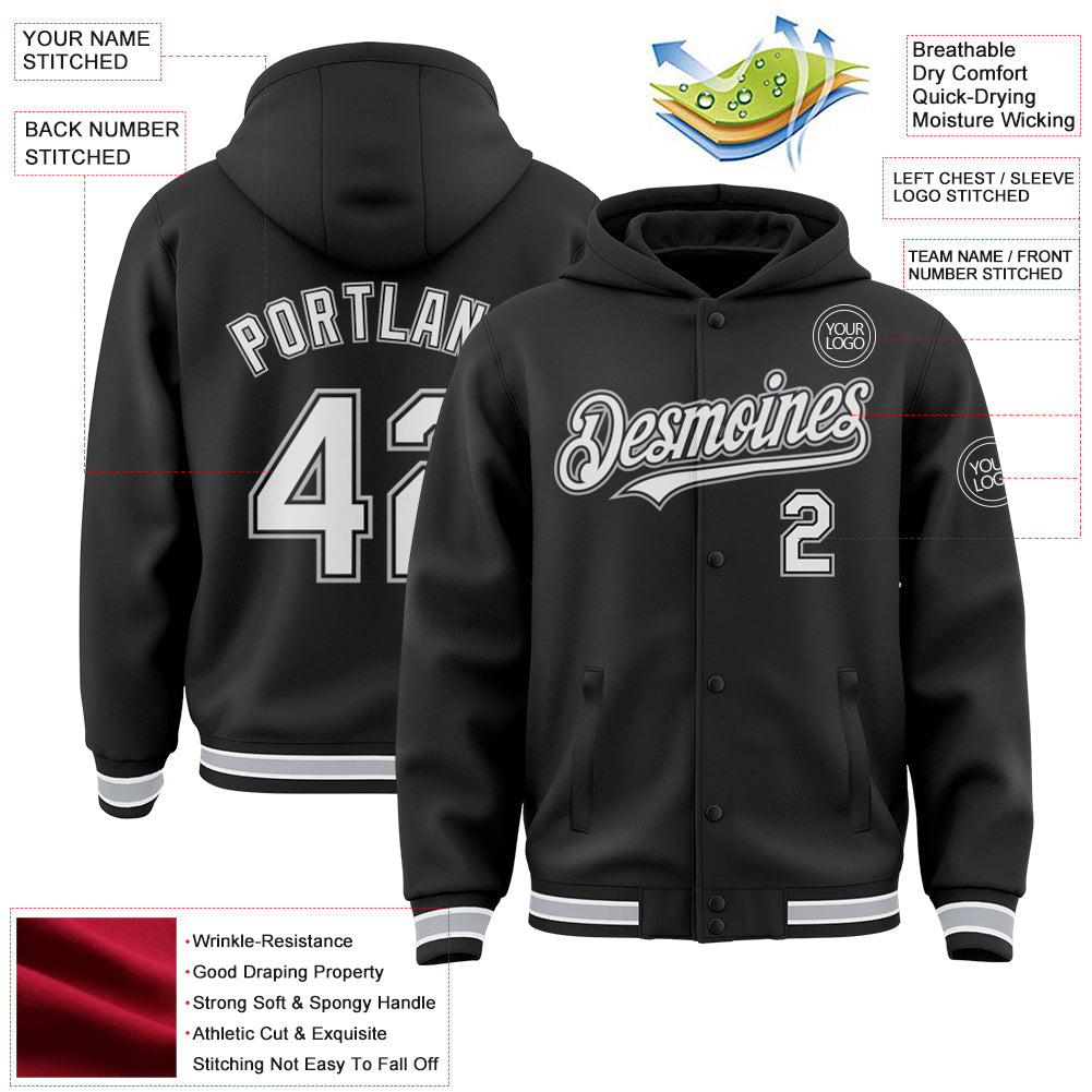 Custom Black White-Gray Bomber Full-Snap Varsity Letterman Hoodie Jacket view 3