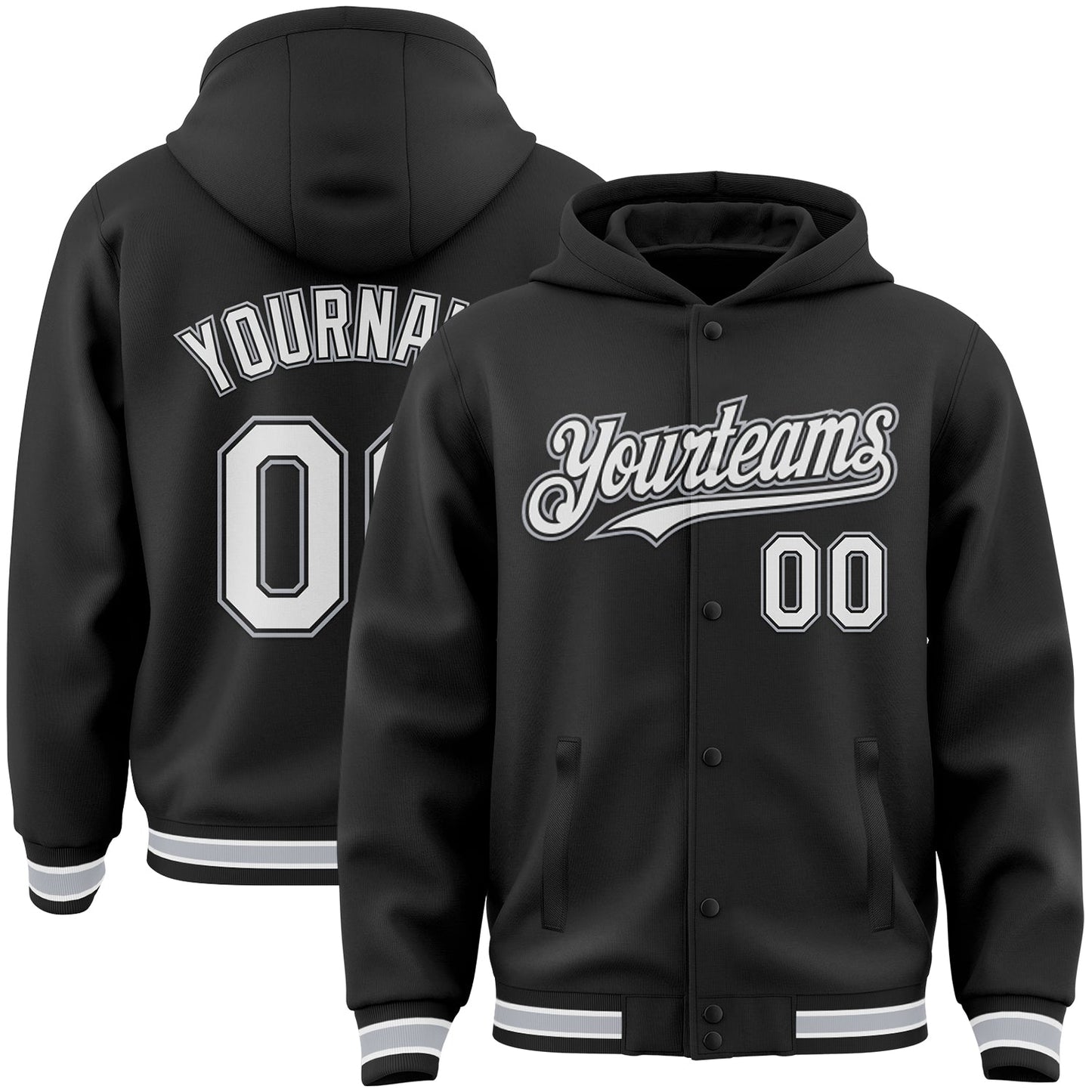 Custom Black White-Gray Bomber Full-Snap Varsity Letterman Hoodie Jacket - Main View