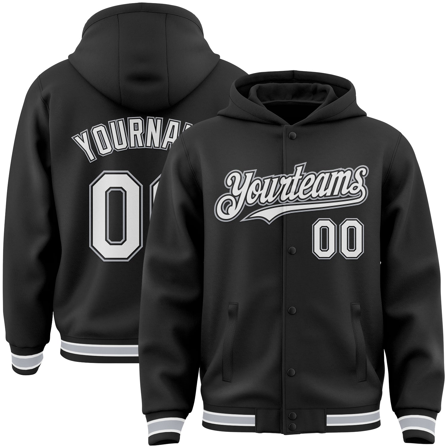 Custom Black White-Gray Bomber Full-Snap Varsity Letterman Hoodie Jacket - Main View