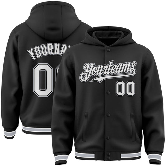 Custom Black White-Gray Bomber Full-Snap Varsity Letterman Hoodie Jacket - Main View