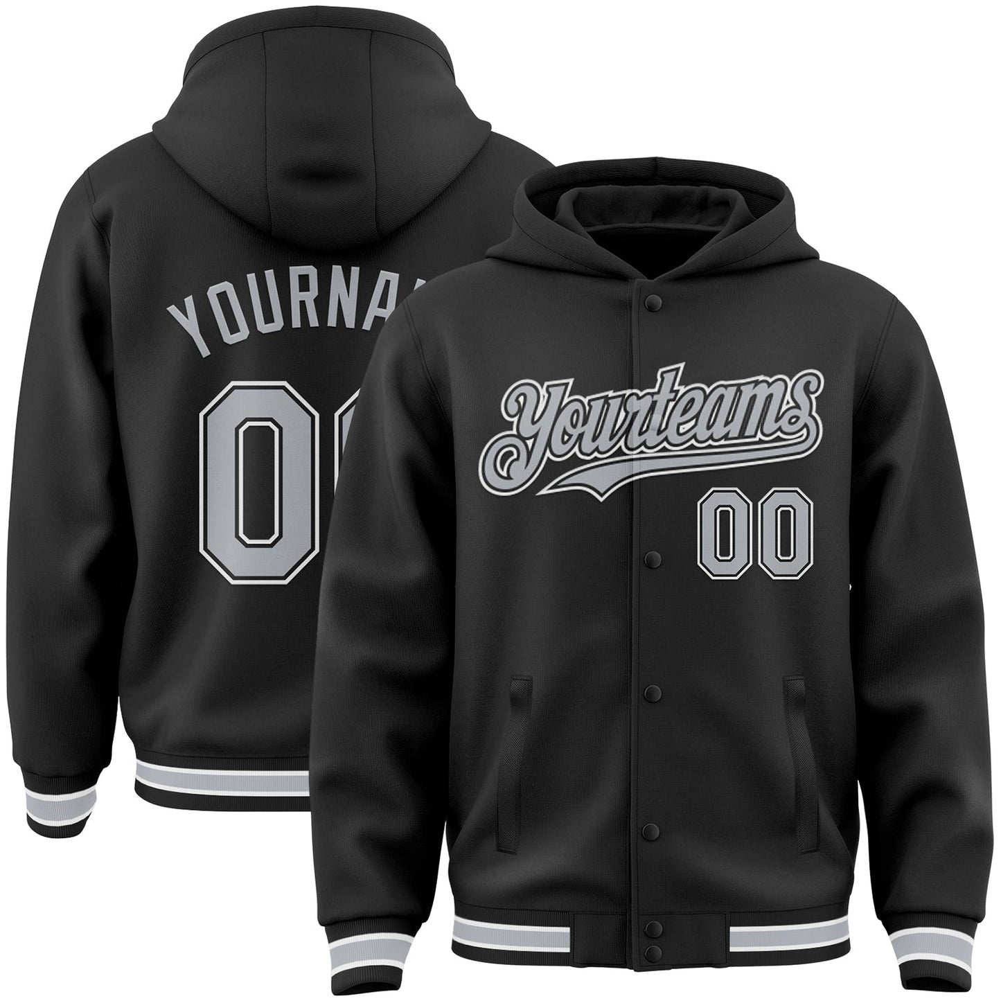 Custom Black Gray-White Bomber Full-Snap Varsity Letterman Hoodie Jacket - Main View