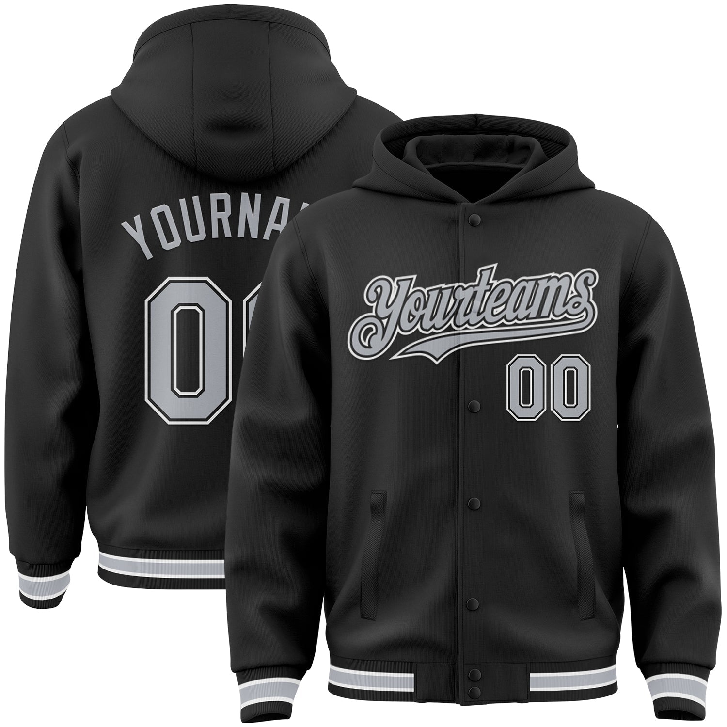 Custom Black Gray-White Bomber Full-Snap Varsity Letterman Hoodie Jacket - Main View